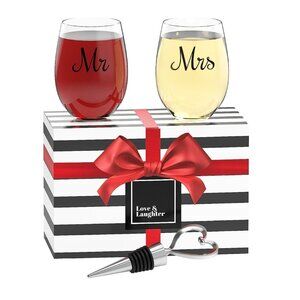 Mr & Mrs Wine Glass Set and Bottle Stopper Stemless Wine Glass Set of 2